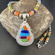 Navajo Spiny Oyster Turquoise Lapis Inlay Pendant Necklace | Sterling Silver | 21" | Authentic Native American Handmade | 16627