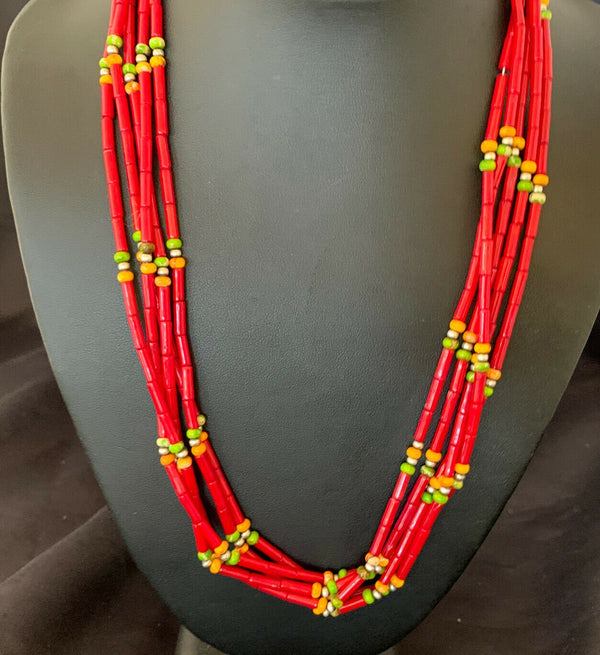 Navajo Red Coral Spiny Turquoise Bead Necklace with Pendant | Sterling Silver | 21" | 10923
