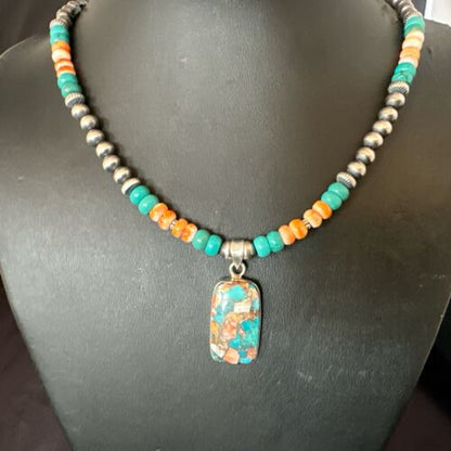 Navajo Spiny Turquoise Pendant Necklace | Sterling Silver | 21" | Authentic Native American Handmade | 17515