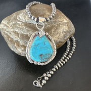 Men's Blue Kingman Turquoise Pendant Necklace | Navajo Pearls | Sterling Silver | 16021