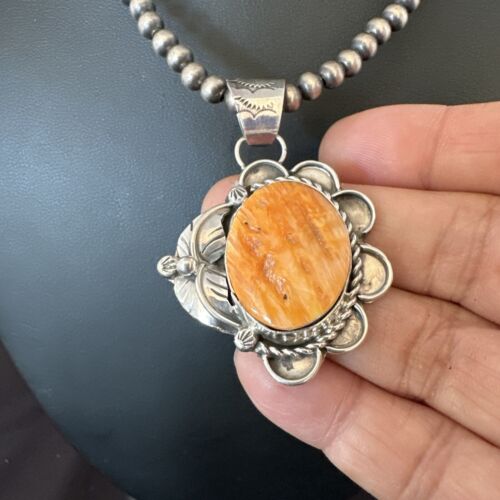 Navajo Orange Spiny Oyster Pendant Necklace | Sterling Silver Pearls | Authentic Native American Handmade | 16554