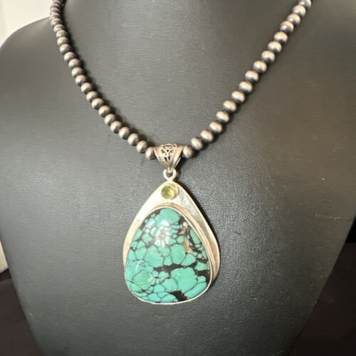 Men's Navajo Blue Spiderweb Turquoise Pendant Necklace | Sterling Silver | Authentic Native American Handmade | 16202