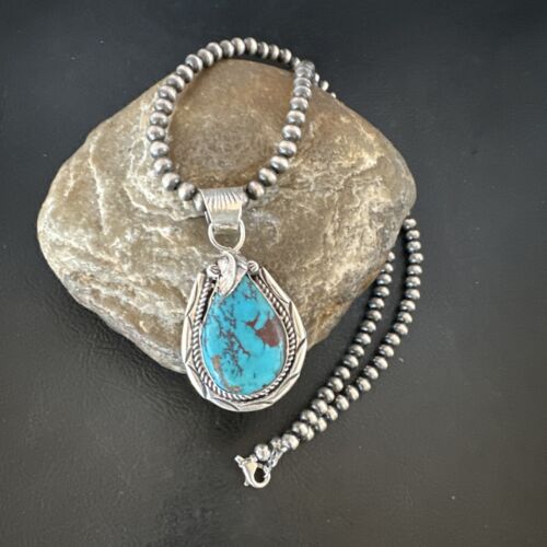 Navajo Blue Kingman Turquoise Pendant Necklace | Sterling Silver Pearls | Authentic Native American Handmade | 16024