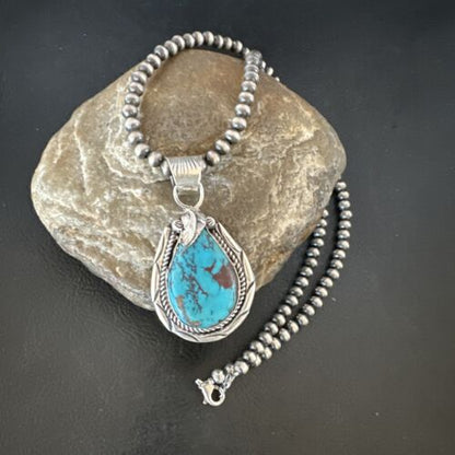 Navajo Blue Kingman Turquoise Pendant Necklace | Sterling Silver Pearls | Authentic Native American Handmade | 16024
