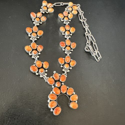 Navajo Orange Spiny Oyster Squash Blossom Necklace | Sterling Silver | Authentic Native American Handmade | 16830