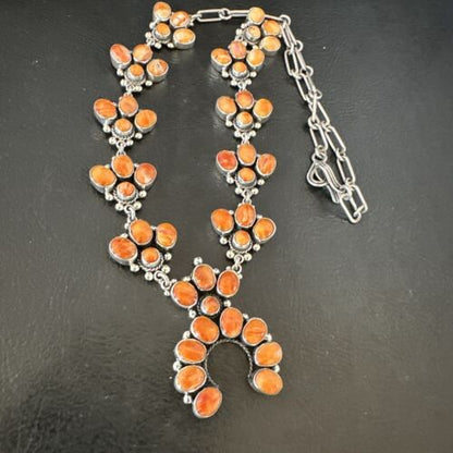 Navajo Orange Spiny Oyster Squash Blossom Necklace | Sterling Silver | Authentic Native American Handmade | 16830