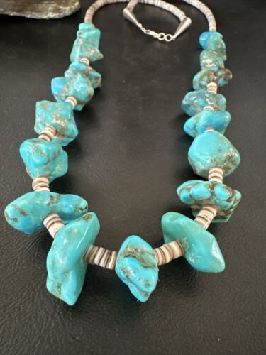 Navajo Kingman Turquoise Shell Heishi Bead Necklace | Sterling Silver | 28" | Authentic Native American Handmade | 17448