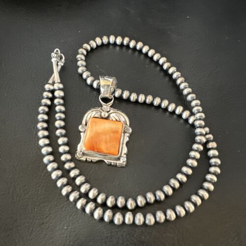 Navajo Orange Spiny Oyster Pendant Necklace | Sterling Silver | 20" | Authentic Native American Handmade | 16142