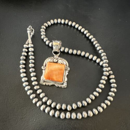 Navajo Orange Spiny Oyster Pendant Necklace | Sterling Silver | 20" | Authentic Native American Handmade | 16142