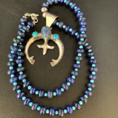 Navajo Blue Denim Lapis Turquoise Naja Pendant Necklace | Sterling Silver | Native American Handmade | 13701
