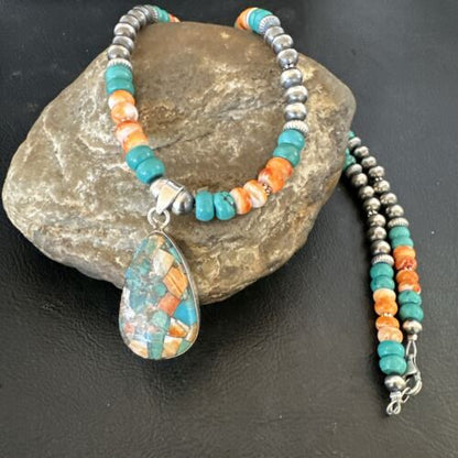 Navajo Spiny Turquoise Pendant Necklace | Sterling Silver | 22" | Authentic Native American Handmade | 17413