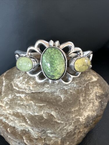 Navajo Green Turquoise Cuff Bracelet | Sterling Silver Tufa Cast | Authentic Native American Handmade | 16787