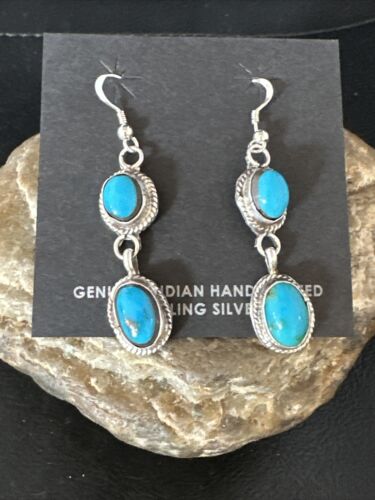 Kingman Turquoise Dangle Earrings | Navajo Sterling Silver | Authentic Native American Handmade | 14863