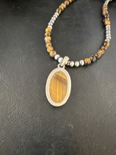 Navajo Coffee Tiger's Eye Pendant Necklace | Sterling Silver | 26" | Authentic Native American Handmade | 14886