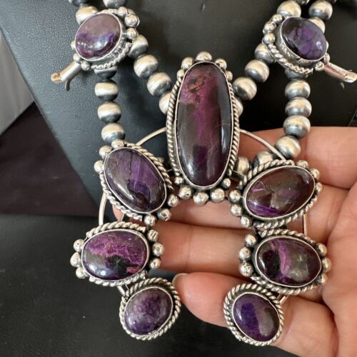 Navajo Purple Sugilite Squash Blossom Naja Pendant | Sterling Silver | Native American Handmade | 17206