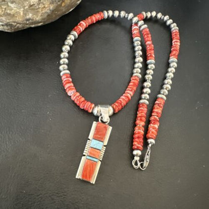 Red Spiny Oyster Opal Inlay Pendant Necklace | Navajo Sterling Silver | 16886