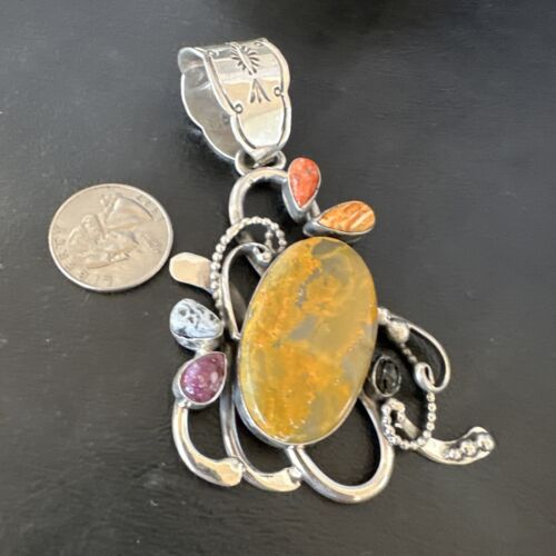 Navajo Sterling Silver Spiny Bumblebee Necklace Pendant | Multi-Stone | Authentic Native American Handmade | 16106