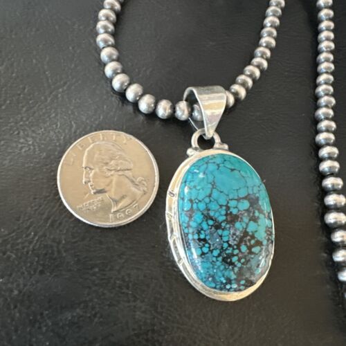 Men's Navajo Blue Spiderweb Turquoise Pendant Necklace | Sterling Silver | Authentic Native American Handmade | 16220