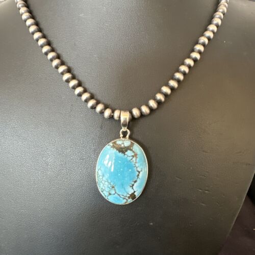 Men's Navajo Blue Spiderweb Turquoise Pendant Necklace | Sterling Silver | Authentic Native American Handmade | 16300