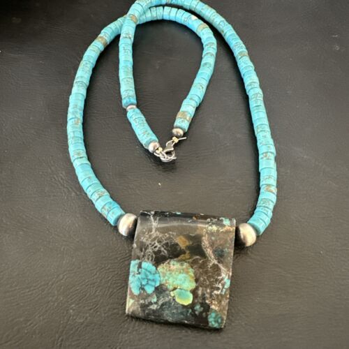 Navajo SpiderWeb Turquoise Heishi Pearls Necklace | Sterling Silver | 20" | Authentic Native American Handmade | 17092 - Masha USA