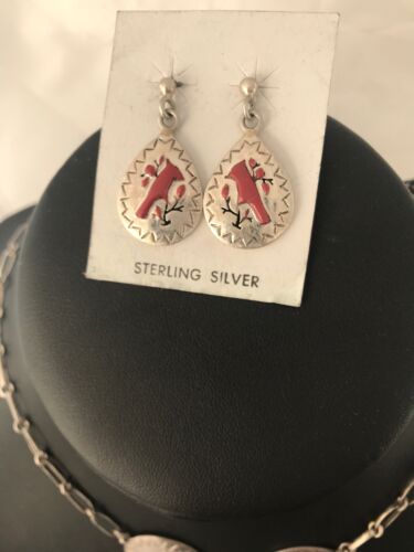 Zuni Coral Pendant Necklace & Earrings Set | Sterling Silver | Cardinal Design | Authentic Native American Old Pawn Jewelry