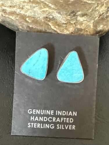Navajo Blue Kingman Turquoise Post Stud Earrings | Sterling Silver | Authentic Native American Handmade | 17471