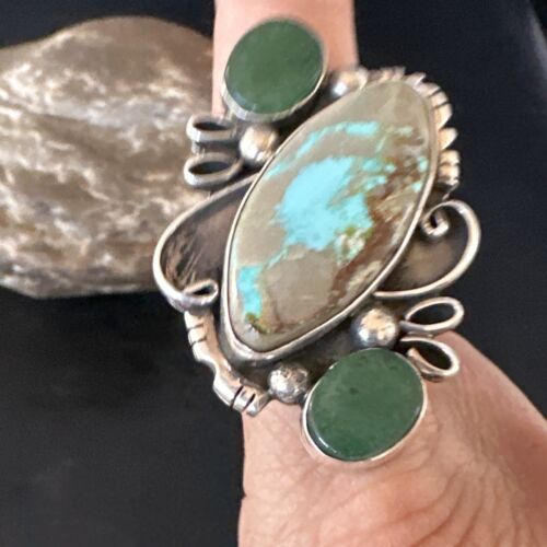 Navajo Green Turquoise Cluster Ring | Authentic Native American Sterling Silver | Multi-Stone | Sz 9 | 14843