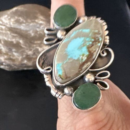 Navajo Green Turquoise Cluster Ring | Authentic Native American Sterling Silver | Multi-Stone | Sz 9 | 14843