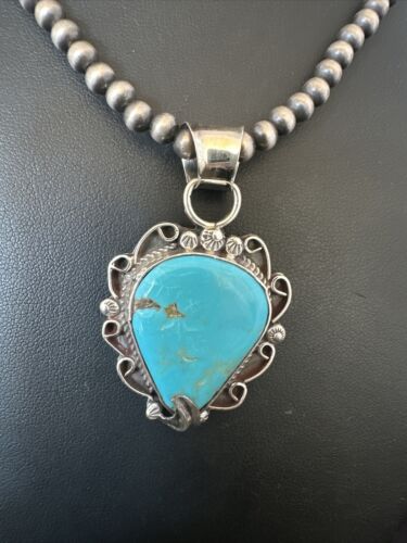 Navajo Blue Turquoise Pendant Necklace | Sterling Silver Pearls | Authentic Native American Handmade | 15638