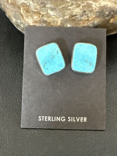 Navajo Blue Kingman Turquoise Post Stud Earrings | Sterling Silver | Authentic Native American Handmade | 17469