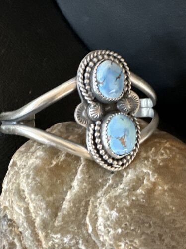 Navajo Blue Golden Hills Turquoise Cuff Bracelet | Sterling Silver | Authentic Native American Handmade | 16428 - Masha USA