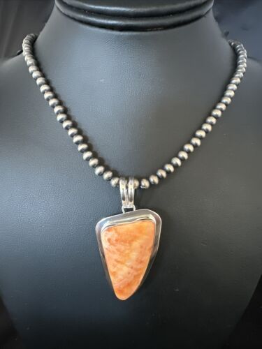 Navajo Pearls Orange Spiny Oyster Necklace Pendant | Sterling Silver | Authentic Native American Handmade | 15003