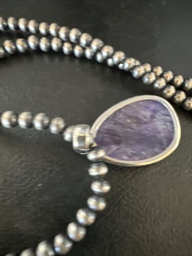 Navajo Pearls Purple Charoite Pendant Necklace | Sterling Silver Beads | Authentic Native American Handmade | 15517