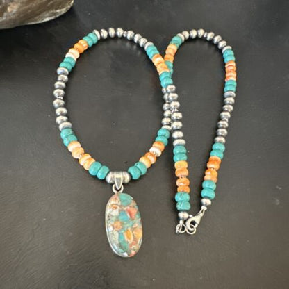 Navajo Spiny Turquoise Pendant Necklace | Sterling Silver | 22" | Authentic Native American Handmade | 17429