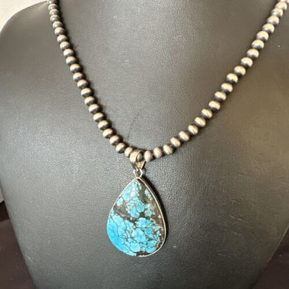 Men's Navajo Blue Spiderweb Turquoise Pendant Necklace | Sterling Silver | Authentic Native American Handmade | 16302