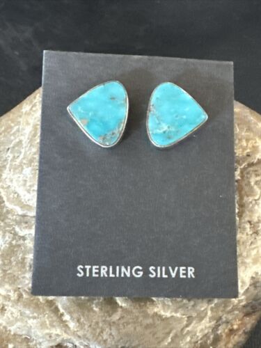 Navajo Blue Kingman Turquoise Post Stud Earrings | Sterling Silver | Authentic Native American Handmade | 17480