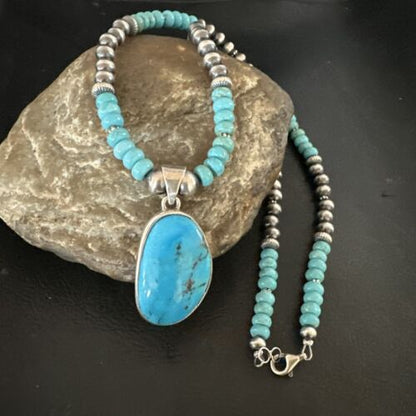 Navajo Blue Kingman Turquoise Pendant Necklace | Sterling Silver | 21" | Authentic Native American Handmade | 17087