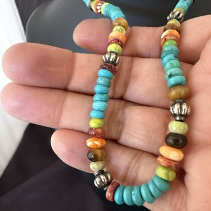Navajo Blue Turquoise Spiny Oyster Necklace | Sterling Silver | 19" | Authentic Native American Handmade | 17490