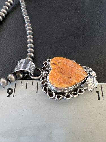 Navajo Orange Spiny Oyster Heart Pendant Necklace | Sterling Silver | Authentic Native American Handmade | 16417