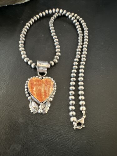 Navajo Orange Spiny Oyster Heart Pendant Necklace | Sterling Silver | Authentic Native American Handmade | 16421