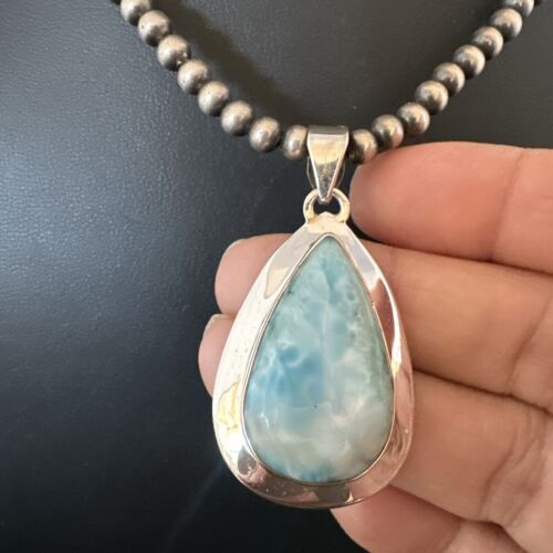 Navajo Blue Larimar Pendant Necklace | Sterling Silver Beads | Authentic Native American Handmade | 16962