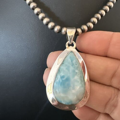 Navajo Blue Larimar Pendant Necklace | Sterling Silver Beads | Authentic Native American Handmade | 16962