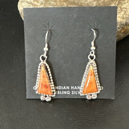 Navajo Orange Spiny Oyster Dangle Earrings | Sterling Silver | Authentic Native American Handmade | 17275