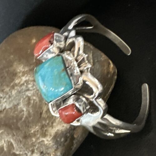 Kingman Turquoise Coral Cuff Bracelet | Navajo Tufa Cast | Sterling Silver | Authentic Native American Handmade | 16779