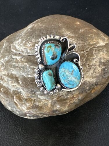 Navajo Blue Turquoise Cluster Ring | Authentic Native American Sterling Silver | Multi-Stone | Sz 8.5 | 14838