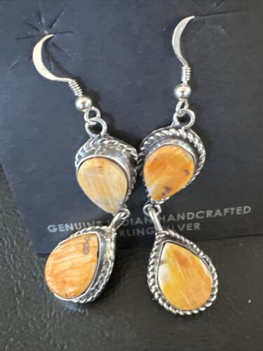 Navajo Orange Spiny Oyster Dangle Earrings | Sterling Silver | 1.5" | Authentic Native American Handmade | 16575