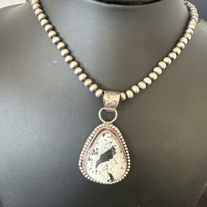 Navajo White Buffalo Turquoise Pendant | Sterling Silver Pearls Necklace | Authentic Native American Handmade | 17107