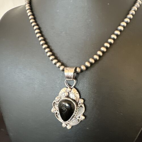 Navajo Pearls Black Onyx Necklace Pendant | Sterling Silver | Authentic Native American Handmade | 16525