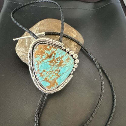 XL Men's Blue Turquoise #8 Bolo Tie | Navajo Sterling Silver | Authentic Native American Handmade | 17005