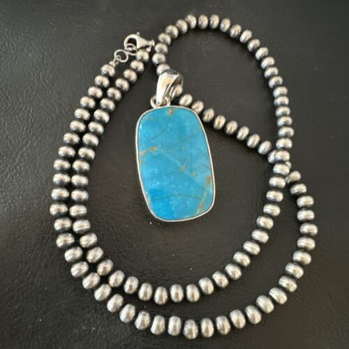Blue Kingman Turquoise Pendant | Navajo Pearls | Sterling Silver Necklace 20" | 16996